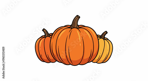 Three stylized orange and yellow pumpkins with dark outlines on white