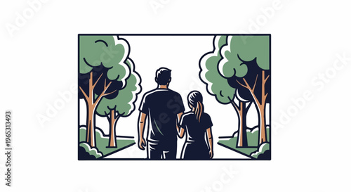 Two people walk arm-in-arm through a park with trees on either side