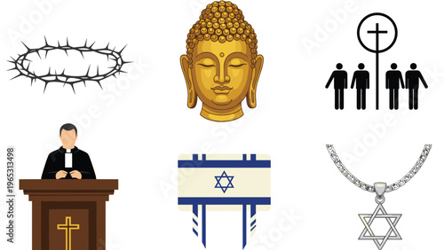Detailed religious symbols collection featuring a crown of thorns, Buddha head, preacher, congregation, Jewish prayer shawl, and necklace.