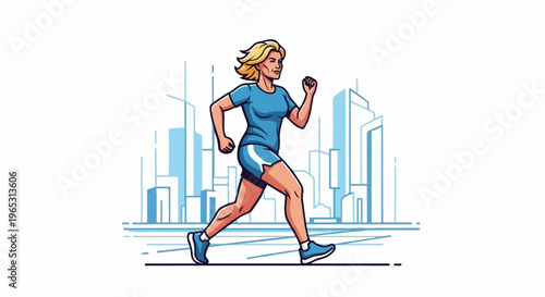 Woman jogging through abstract city skyline