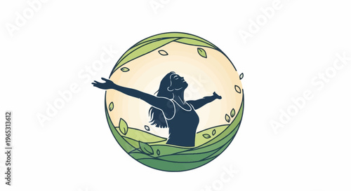 Woman with open arms, embracing nature within a circular frame