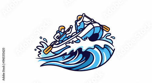 Two people white water rafting in a stylized blue and white wave