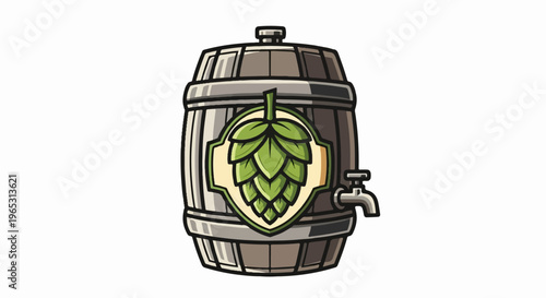 Wooden barrel with tap and hop emblem
