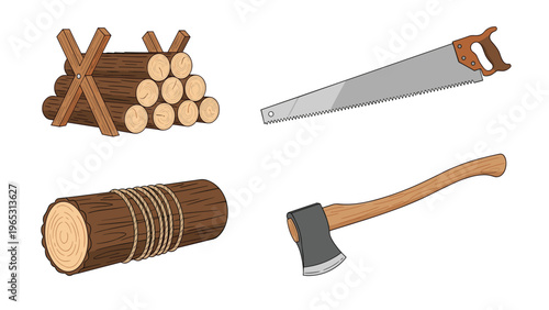 Woodworking and lumberjacking set featuring a sawbuck with logs, a hand saw, a bound log, and a traditional wood cutting axe.