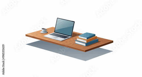 Wooden desk with laptop, books, and coffee cup on white background