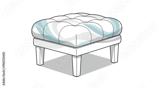 Elegant white upholstered footstool with a tufted button top and subtle light blue patterns standing on four light wood legs.