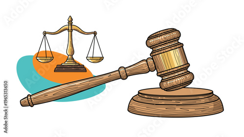 Legal justice icons featuring a wooden gavel and sound block alongside a golden scale against a colorful abstract backdrop.
