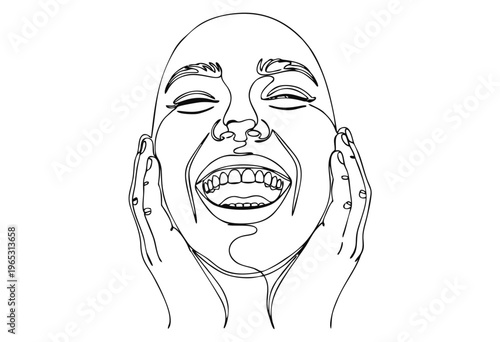 A minimalist, single-line illustration capturing the joy of a person's expressive face with eyes closed and wide open smile