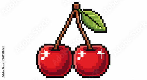 Two red pixelated cherries with a stem and a leaf