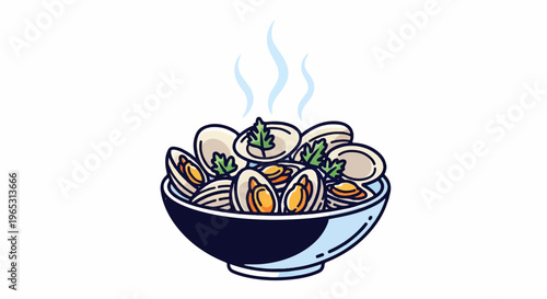 A steaming bowl of open clams, garnished with parsley, served in a dark blue dish