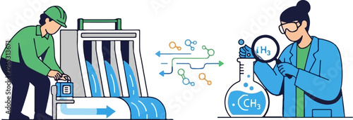 Worker monitors water flow, scientist analyzes molecule