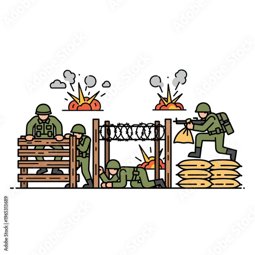 Soldiers advancing under fire, barbed wire, explosions, military operation, flat design