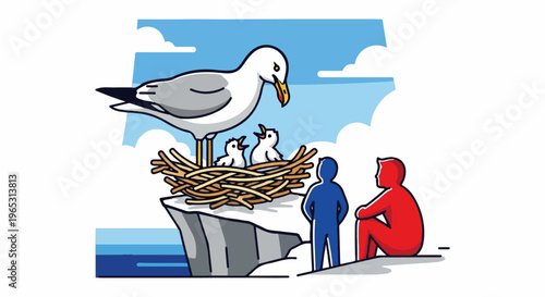 A parental seabird cares for its young in a nest on a cliff overlooking the ocean