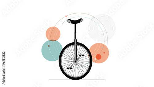 Minimalist illustration of a unicycle centered against a background of abstract circles and dots in soft pastel peach and teal tones.