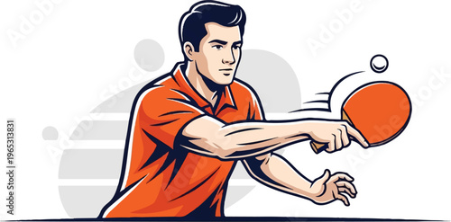 A man in an orange shirt plays table tennis, hitting a ball with a paddle