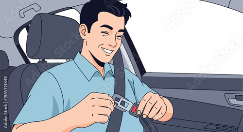 A man smiling as he buckles his seatbelt inside a car