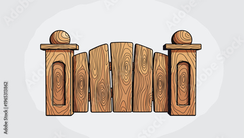 Detailed rustic wooden gate and fence posts with intricate wood grain patterns and spherical finials on a light background.