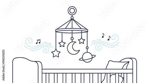 Baby nursery room interior illustration showing a wooden crib with a space themed musical mobile hanging above it.