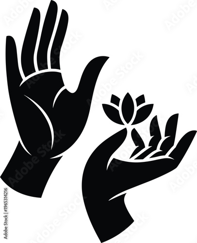 Spiritual hands holding lotus flower silhouette vector, zen yoga meditation icon, Indian traditional dance mudra