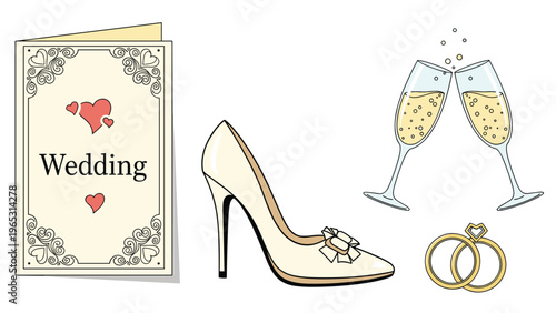 Wedding celebration elements including an invitation card a high heel shoe champagne flutes and golden wedding rings.