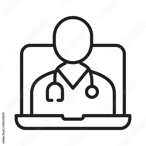 Line art illustration depicting a doctor s consultation via a laptop screen