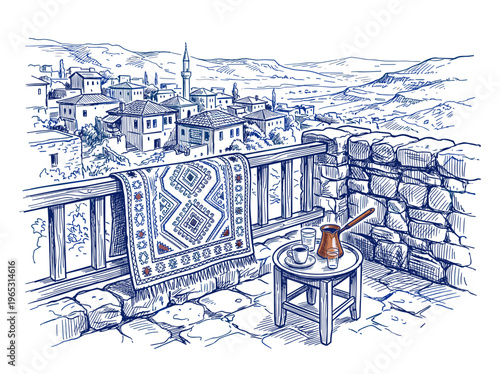 Anatolian village terrace blue ink sketch illustration