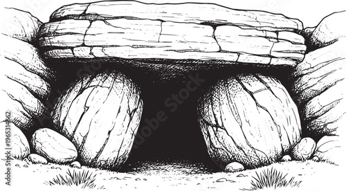 Ancient stone structure entrance with rough textured rocks and grass cave