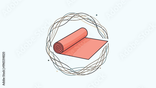 Exercise and yoga mat illustration showing a rolled pink mat against an abstract background of swirling circular lines.