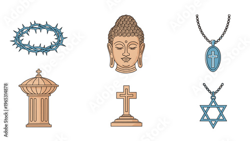 Religious symbols collection featuring a crown of thorns a Buddha head a Christian cross and a Star of David pendant.