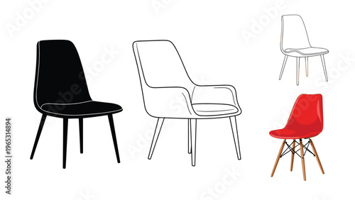 Modern chair design collection showing various seating furniture styles in silhouette outline and color illustrations.