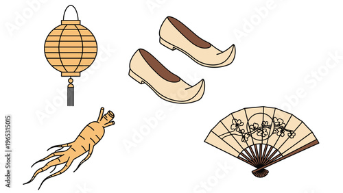 Selection of traditional oriental objects featuring a hanging lantern pointy shoes a ginseng root and a folding fan.