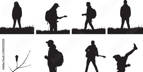 Black silhouettes of people playing guitar walking with backpacks and standing on grass person woman