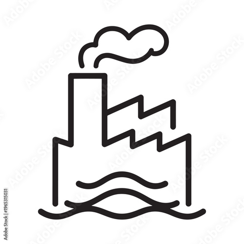 Simple black and white line drawing of a factory with smoke and water