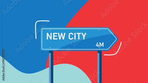 Blue road sign pointing towards a new city located four miles away over an abstract background of bright red and blue fluid shapes.