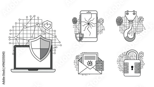 Security icons featuring laptop protection, mobile phone data privacy, and secure communication icons for information safety.