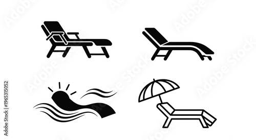 Beach chair and sun icons in a striking black silhouette