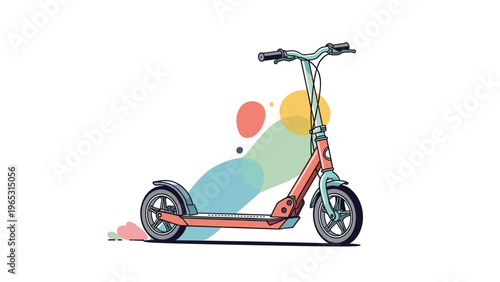 Modern kick scooter with large wheels and a foldable frame is presented against a backdrop of soft colorful abstract shapes and dots.