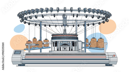 Complex industrial circular knitting machine used in textile manufacturing is shown with spools of thread and electronic control panels.