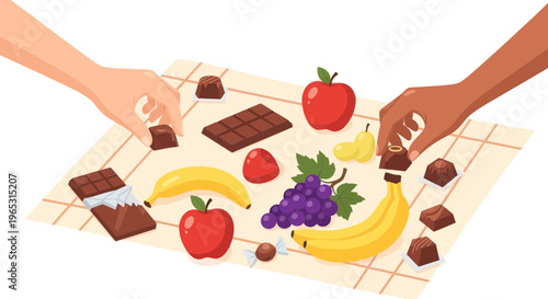 Hands choosing between fresh fruit and decadent chocolate treats on a checkered cloth