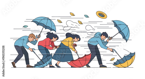 People struggling against strong wind and rain with umbrellas