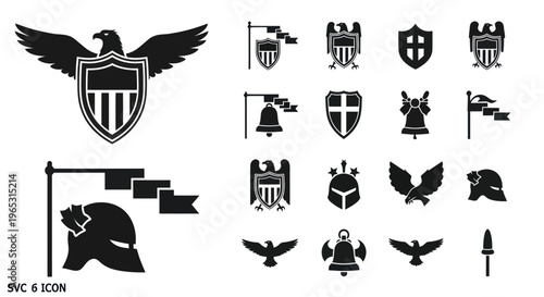 Heraldic Icons: Eagle, Shield, Helmet, Bell, Flag - Vector Set