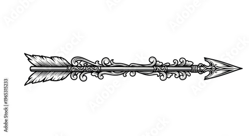 Ornate arrow with decorative shaft and feather fletching, black and white.