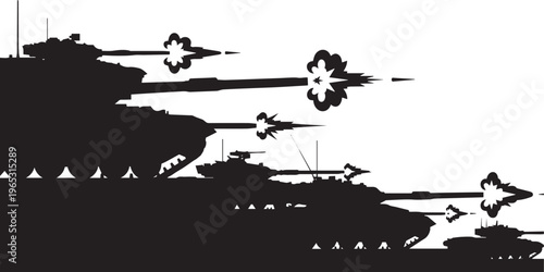 Multiple black silhouette tanks firing projectiles with muzzle flash and smoke clouds against a white background