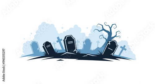 Spooky Cemetery Scene with Gravestones and Bare Tree