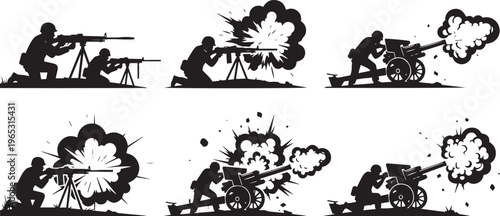 Silhouette soldiers firing machine guns and cannons with explosions military combat battle