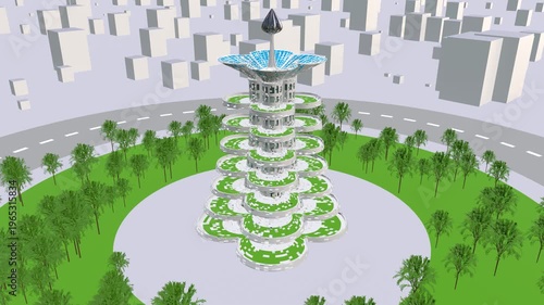 Futuristic ecological building in the green district 3D animation. Modern architecture as balance between urban life and nature.