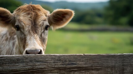 Close-up of a cow's face peeking over a wooden fence. the cow is looking directly at the camera with a curious expression. its fur is a light brown color with darker patches on its face and ears.