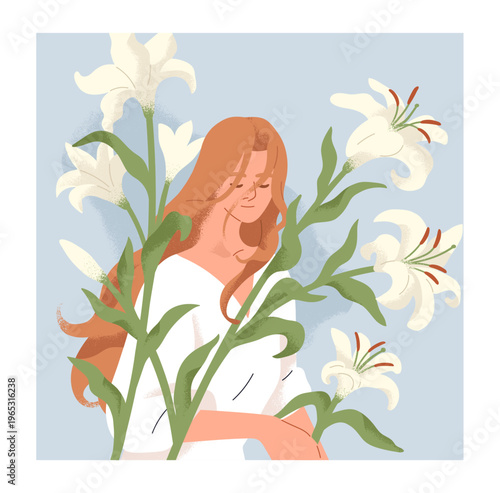 Young beautiful girl in nature, peace with delicate gentle flowers. Woman with spring lily blossoms, card in square frame. Peaceful calm serene female and floral plants. Flat vector illustration