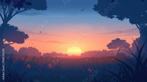 A serene sunset over a hilly landscape, with silhouettes of trees and grass, birds soaring in the sky