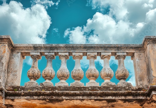 Ornate Stone Balustrade Against Vivid Blue Sky With Clouds